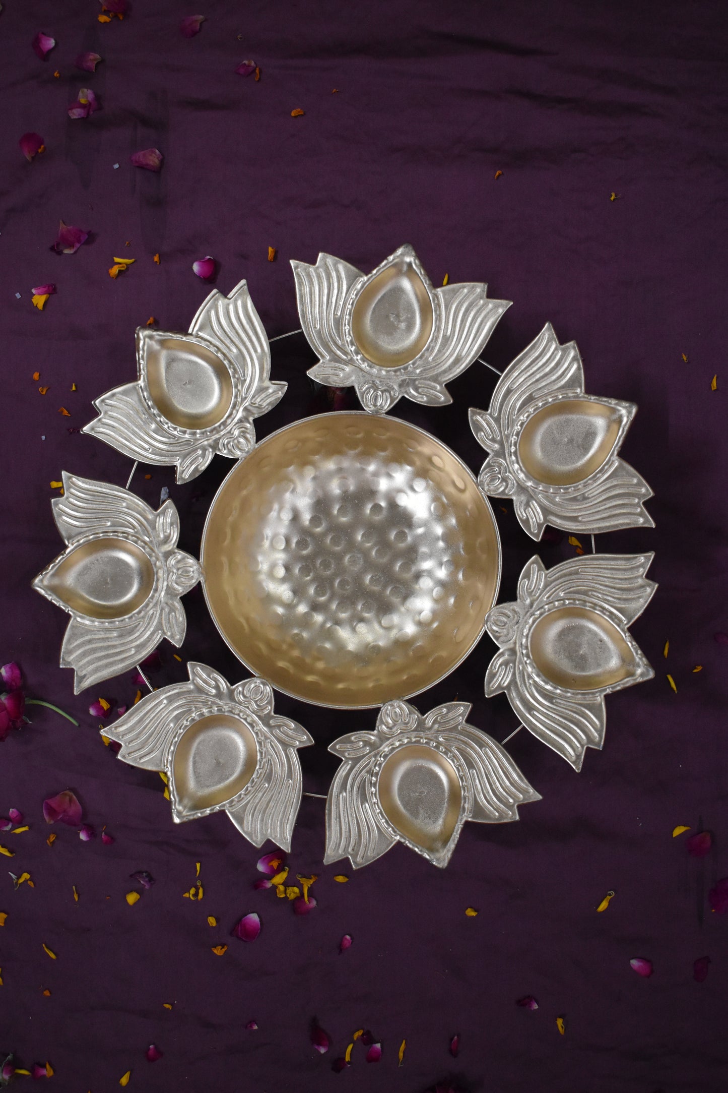 Golden Lotus Diya and Urli Bowl Set