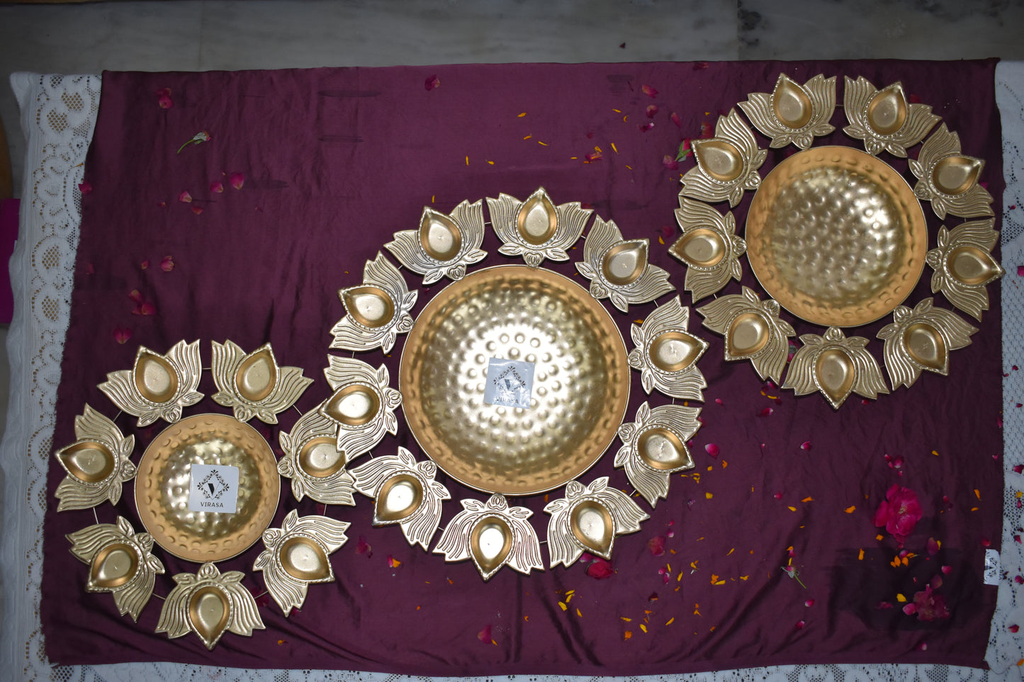 Golden Lotus Diya and Urli Bowl Set