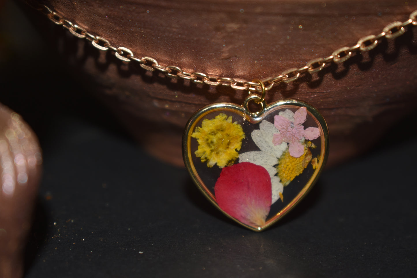 Gold Plated Heart Shape Multi Color Dried Pressed Rose and Sunflower Flower Pendant with Cute Butterfly Charm