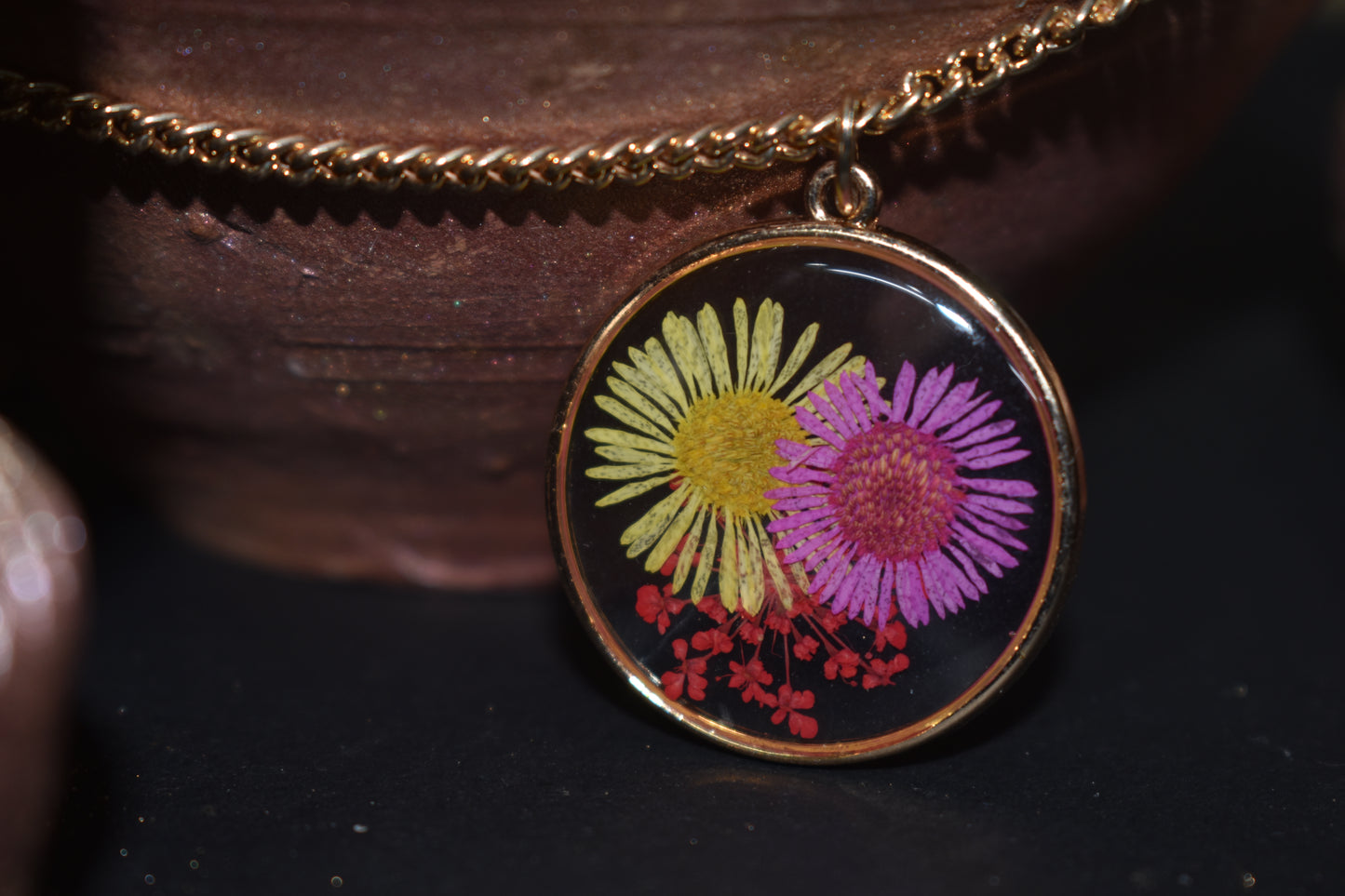 Gold Plated Round Shape Lavender and Yellow Color Dried Pressed Flower Pendant