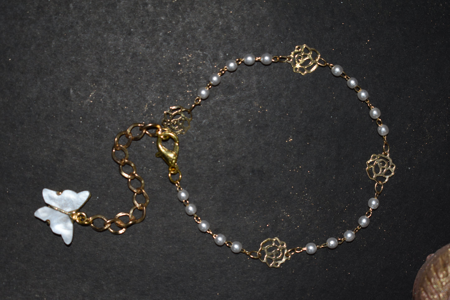 Gold Plated Rose Charm Pearl Bead Bracelet