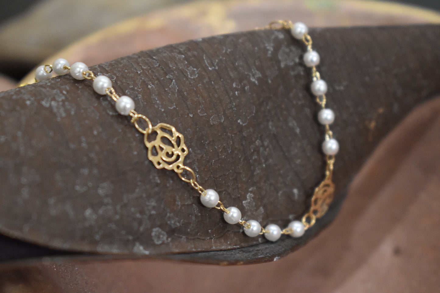 Gold Plated Rose Charm Pearl Bead Bracelet