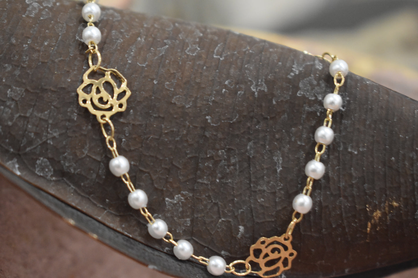 Gold Plated Rose Charm Pearl Bead Bracelet