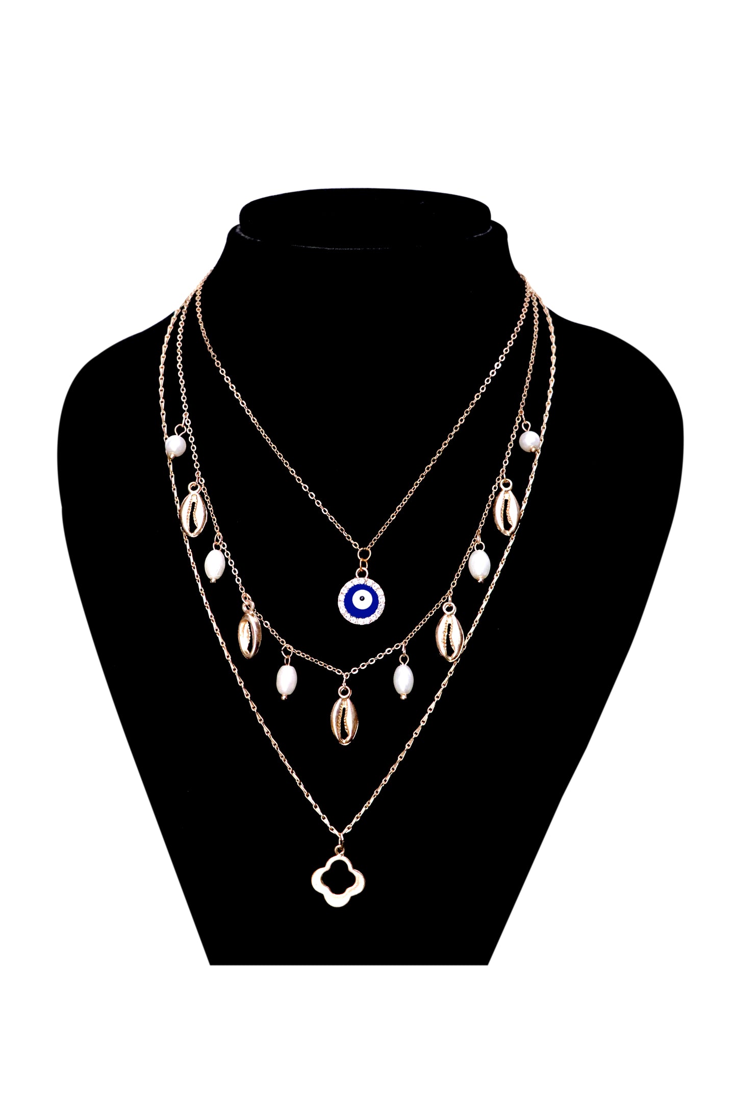 Evil Eye Pendant Multi-Layer Necklace Beads and Shell Gold Plated Necklace