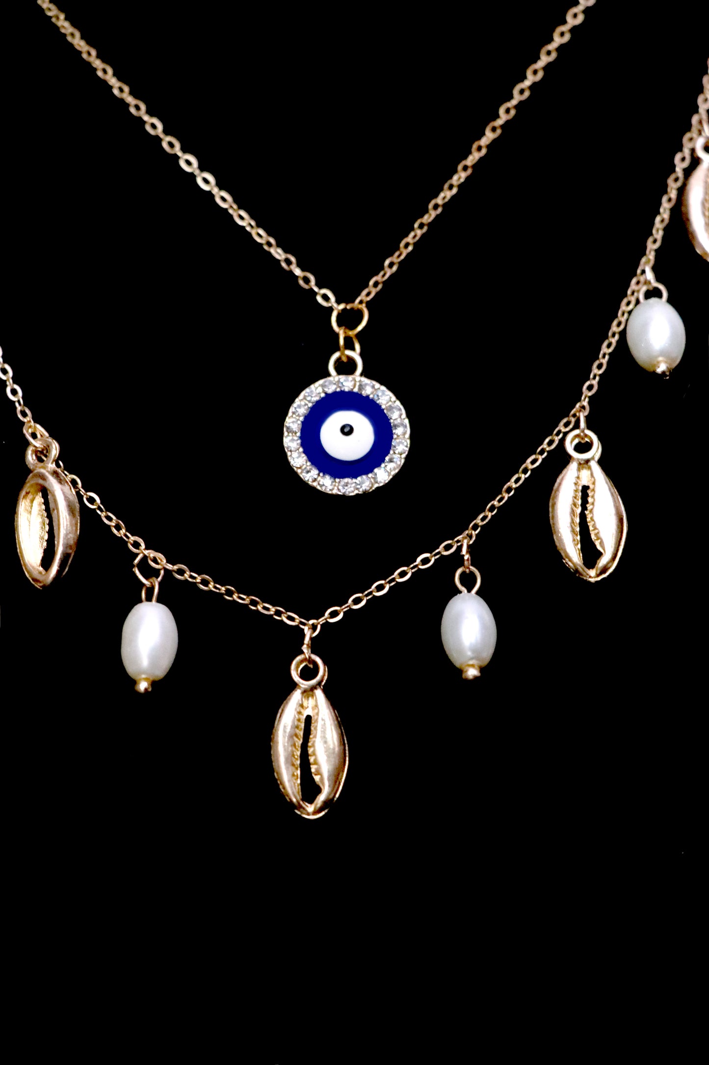 Evil Eye Pendant Multi-Layer Necklace Beads and Shell Gold Plated Necklace