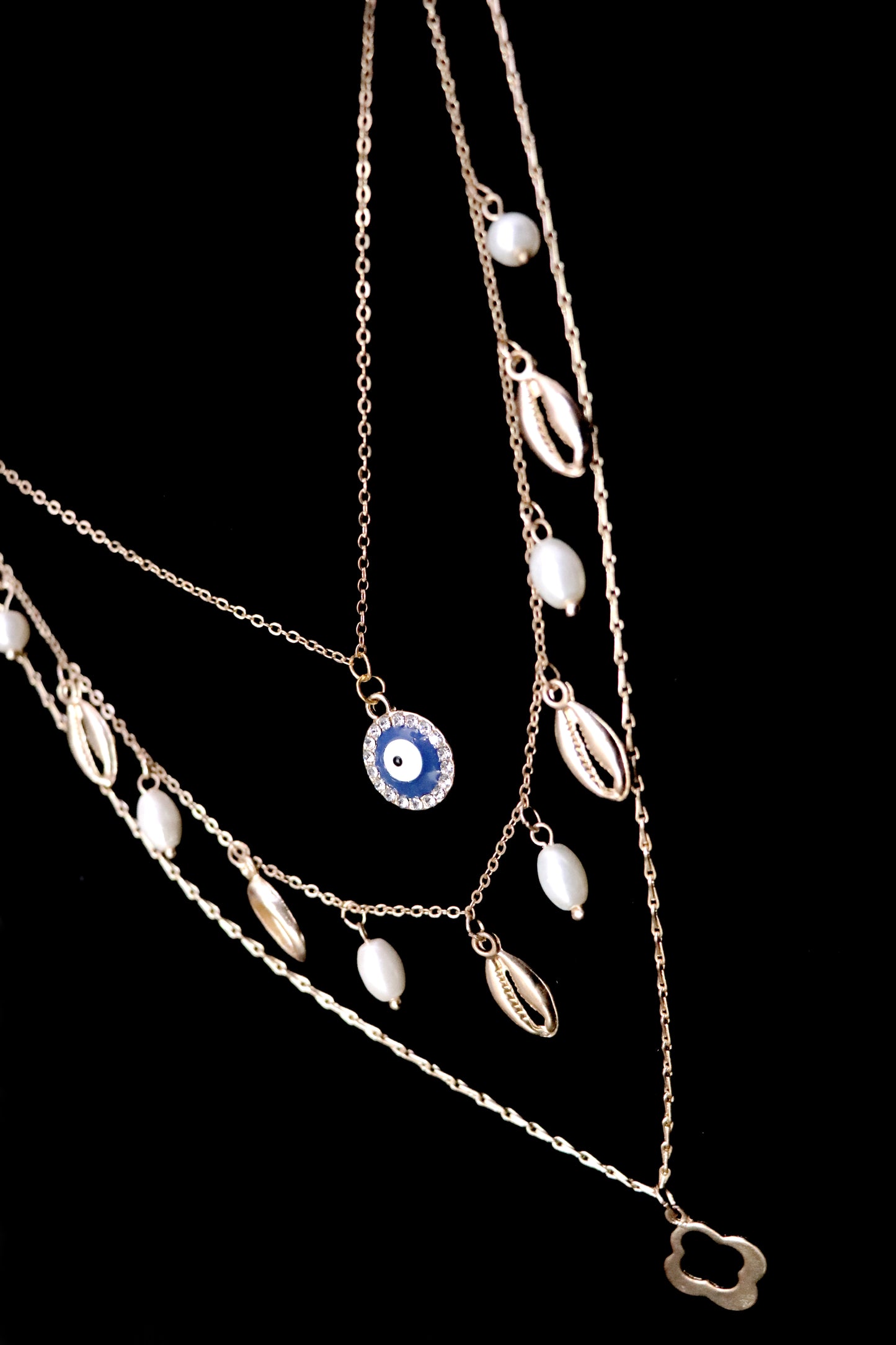 Evil Eye Pendant Multi-Layer Necklace Beads and Shell Gold Plated Necklace