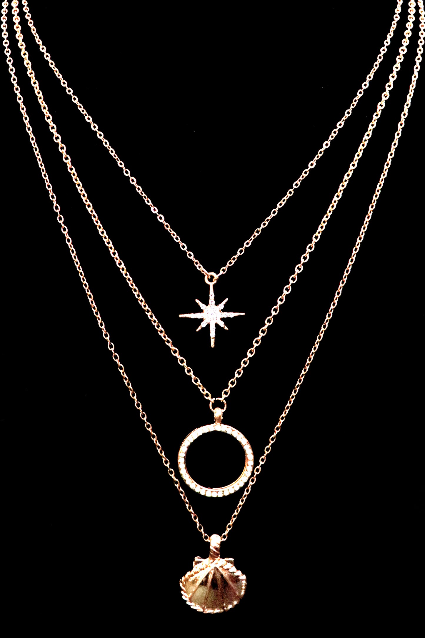 Gold Plated Multi-Layered Necklace with Crystal Star Moon and Shell