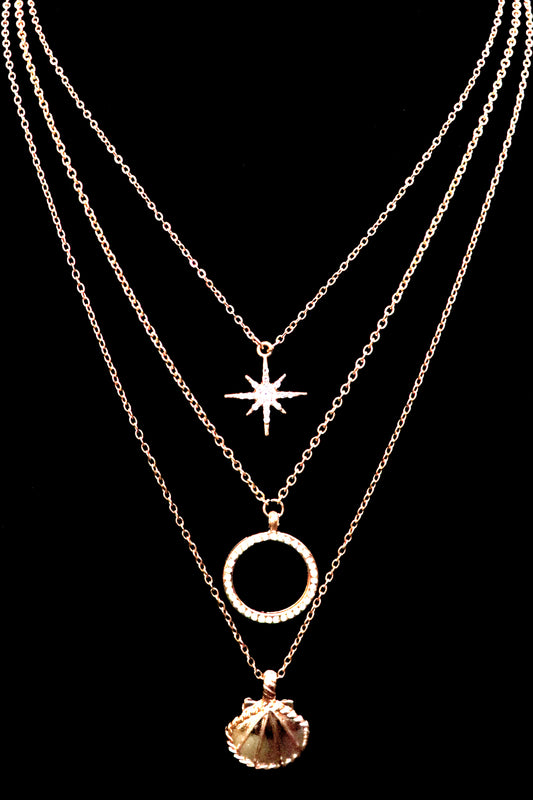 Gold Plated Multi-Layered Necklace with Crystal Star Moon and Shell