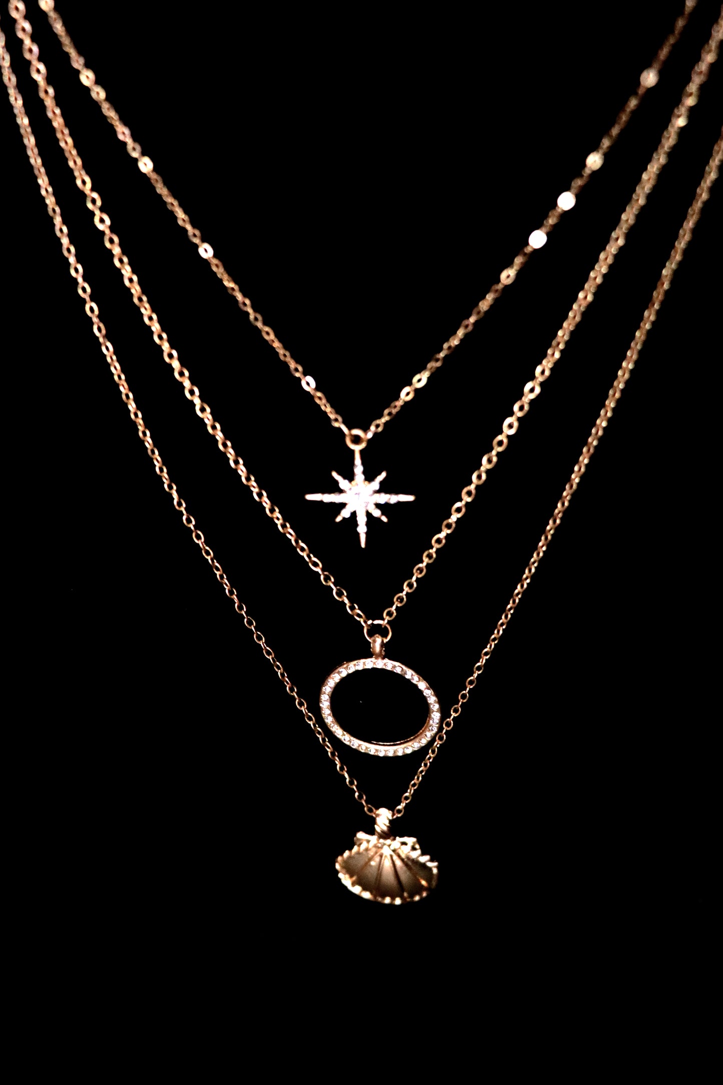 Gold Plated Multi-Layered Necklace with Crystal Star Moon and Shell