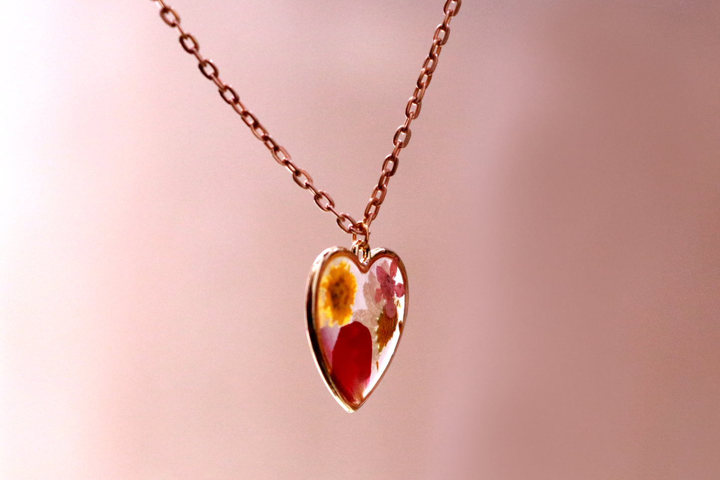 Gold Plated Heart Shape Multi Color Dried Pressed Rose and Sunflower Flower Pendant with Cute Butterfly Charm