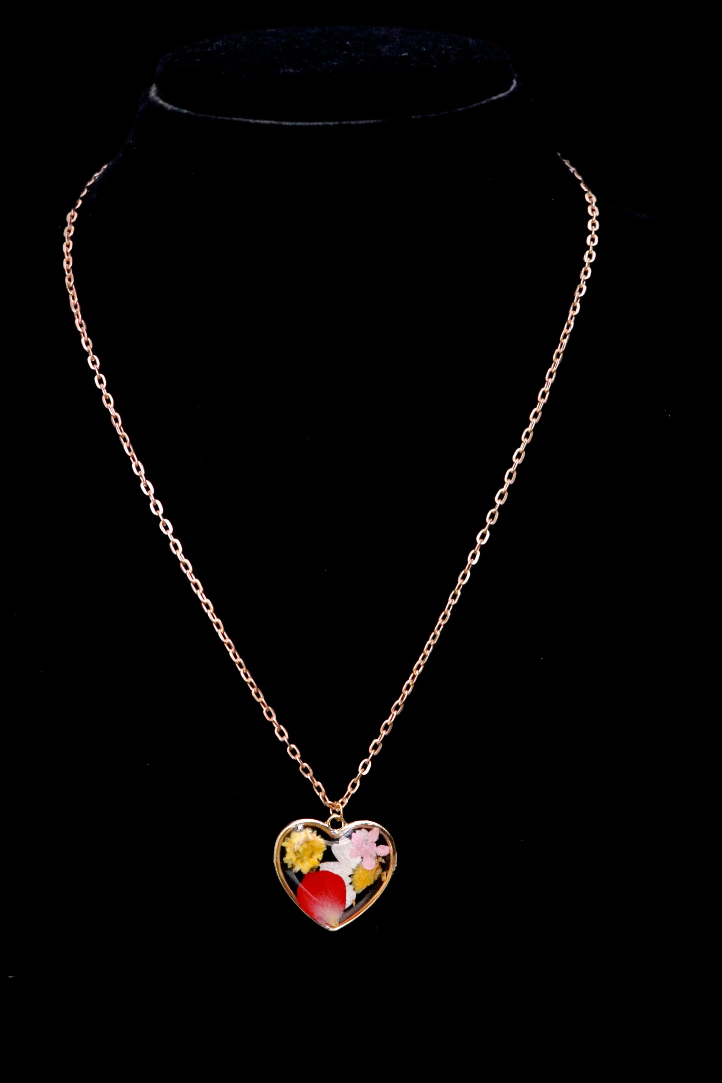 Gold Plated Heart Shape Multi Color Dried Pressed Rose and Sunflower Flower Pendant with Cute Butterfly Charm