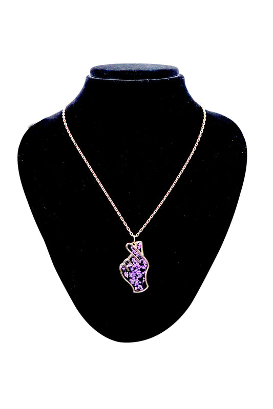 Gold Plated Finger Heart Shape Lavender Color Dried Pressed Flower Pendant with Cute Enamel Butterfly Charm