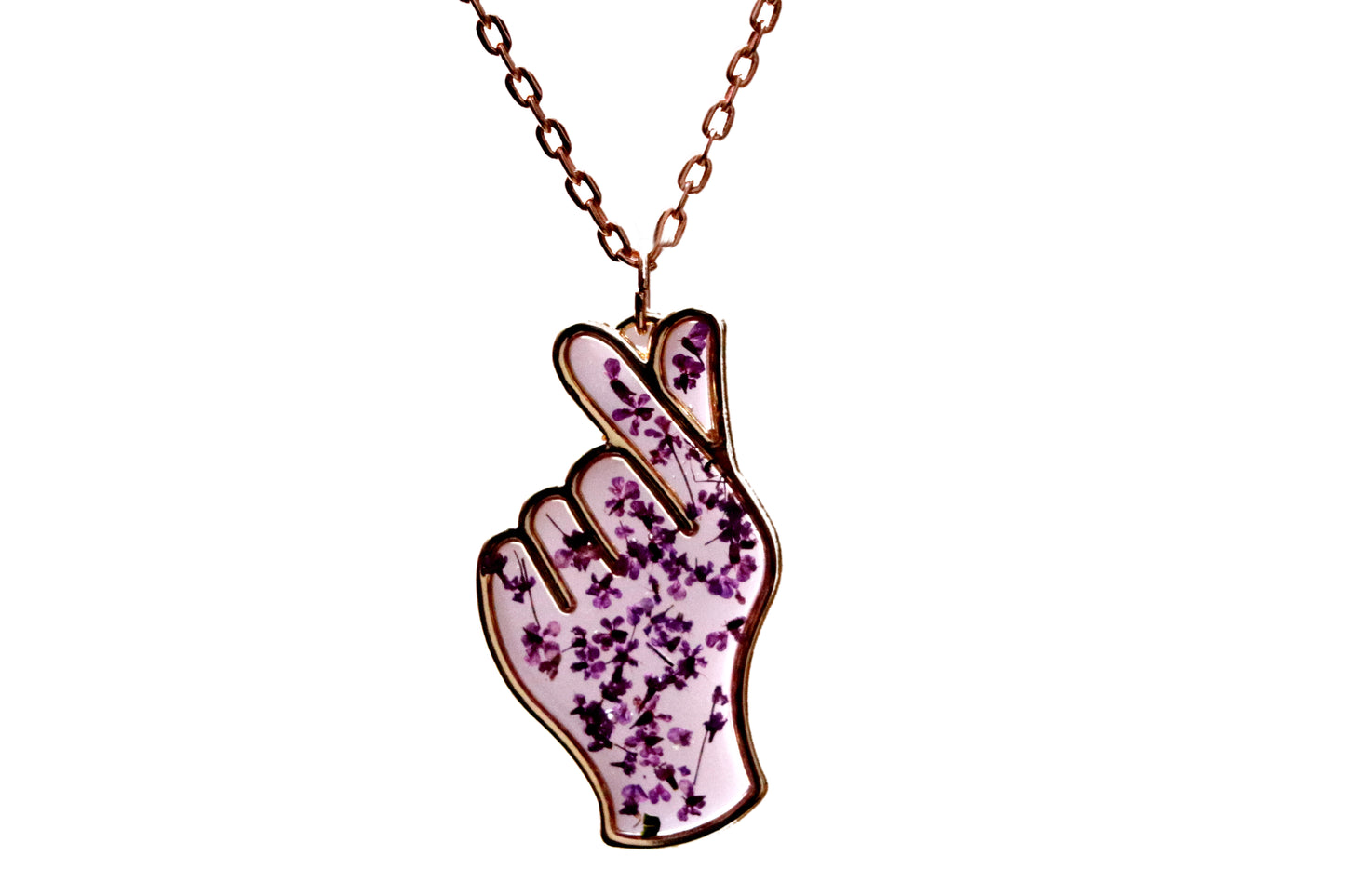 Gold Plated Finger Heart Shape Lavender Color Dried Pressed Flower Pendant with Cute Enamel Butterfly Charm