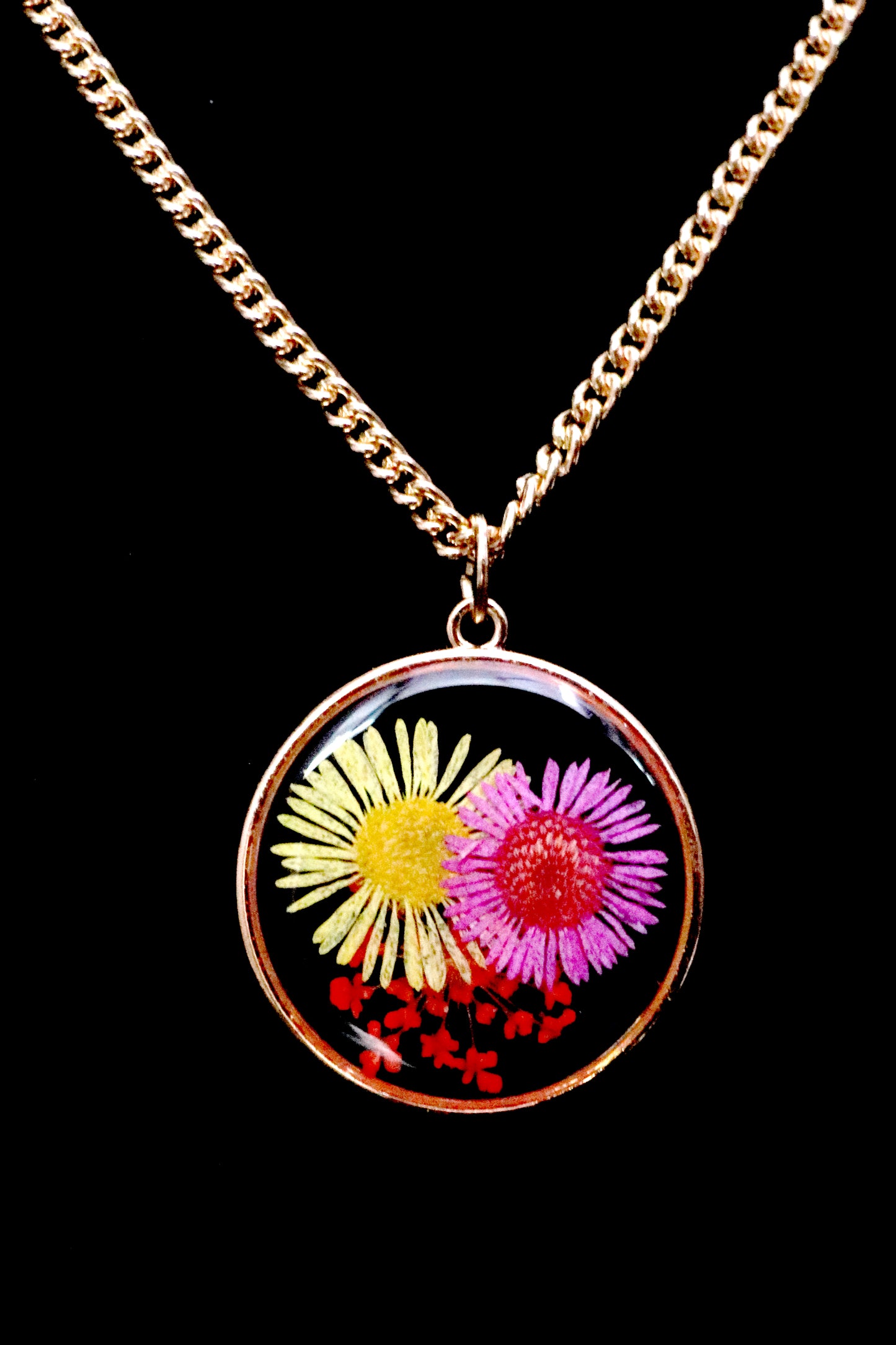 Gold Plated Round Shape Lavender and Yellow Color Dried Pressed Flower Pendant